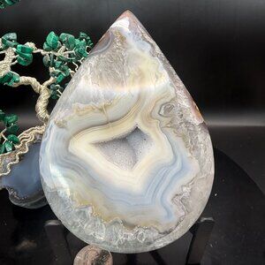 White Agate Sugar Druzy Tear Drop Goethite Inclusions Banding Quartz: 5.43" Tall